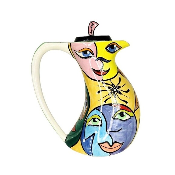 Vintage Larca Gallery Fine Art Hand Painted Abstract Faces Coffee Teapot Signed - Picture 12 of 14